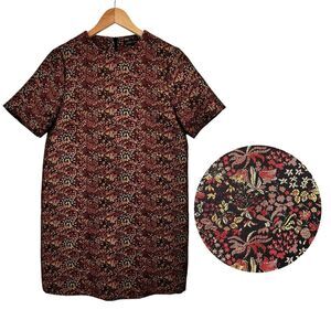 Zara Woman Shift Dress S Textured Floral Short Sleeve Structured Career Tapestry
